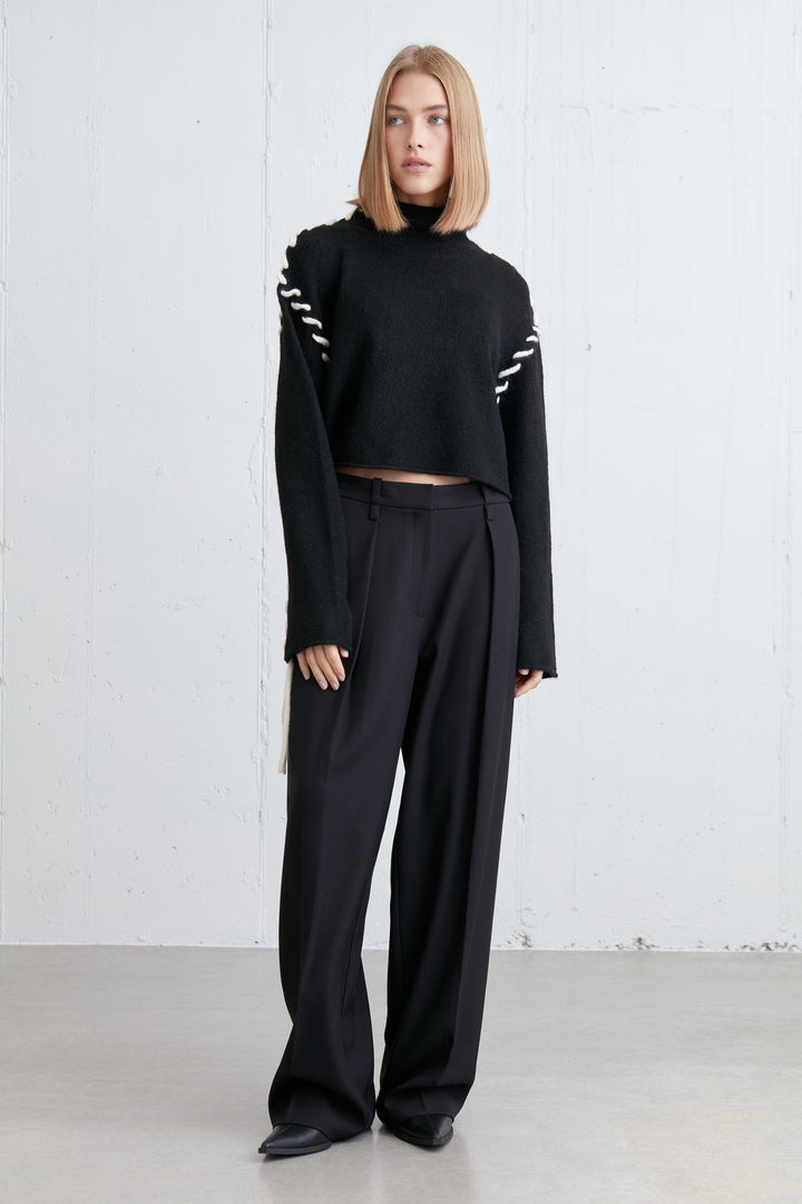 STITCH DETAIL TURTLENECK SWEATER in Black Cream — alternate angle