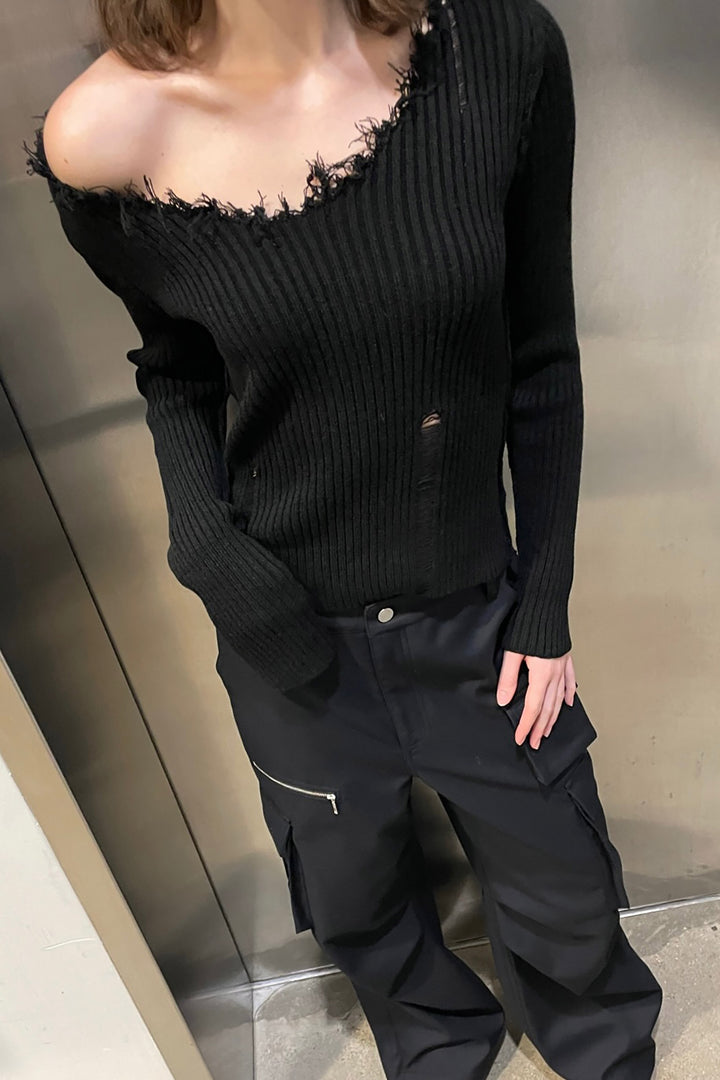 DISTRESSED V-NECK SWEATER in Black — alternate angle
