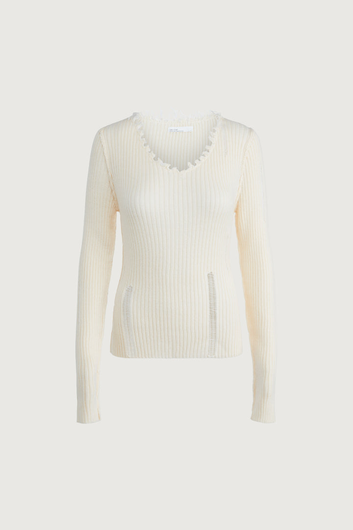 DISTRESSED V-NECK SWEATER in Cream — alternate angle