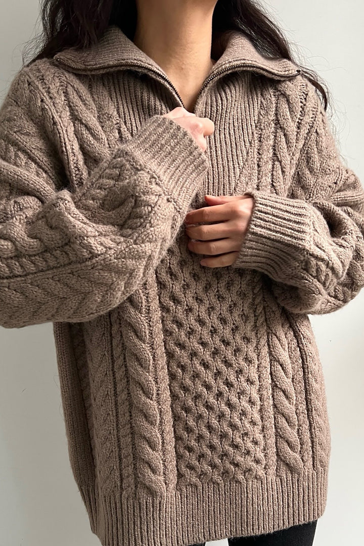 CABLE KNIT HALF ZIP in Taupe Grey — alternate angle