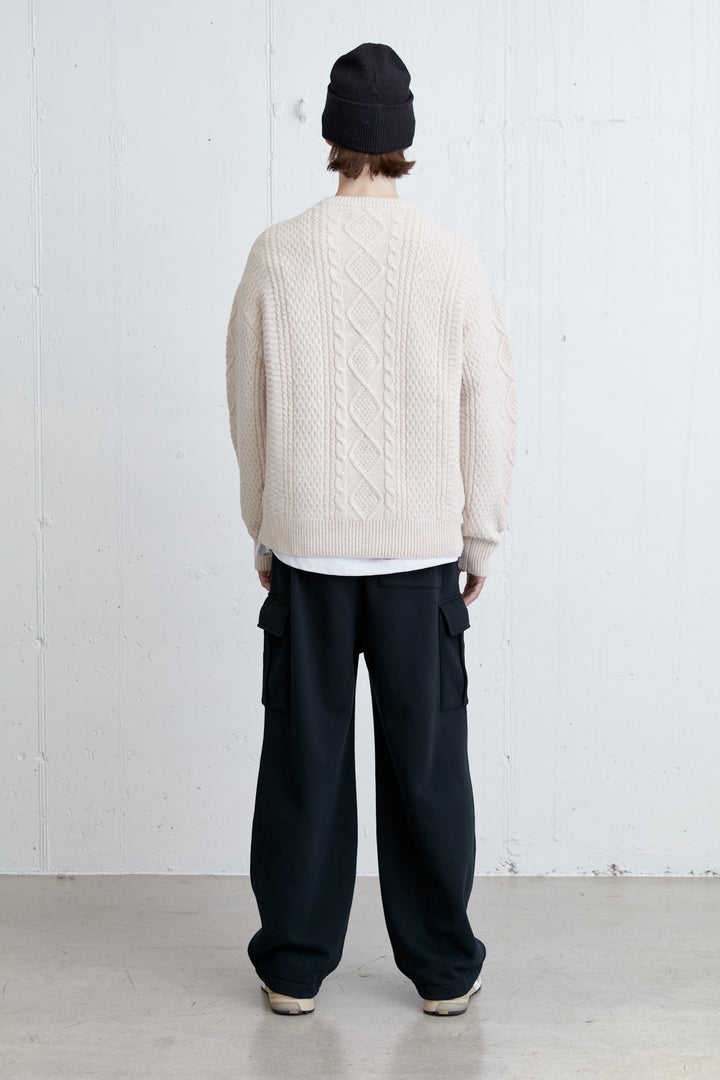 CABLE KNIT CREWNECK SWEATER in Oatmeal — alternate angle