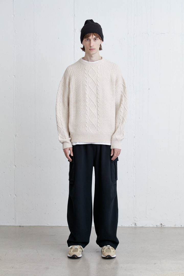 CABLE KNIT CREWNECK SWEATER in Oatmeal — alternate angle