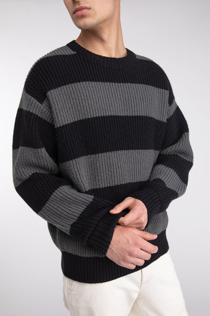 STRIPED CREWNECK SWEATER in Black Gunmetal Stripe — alternate angle