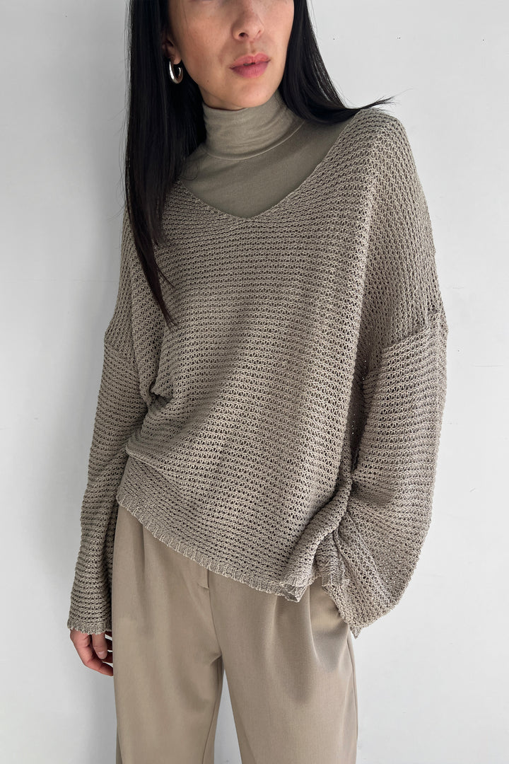CROCHET LONG SLEEVE TOP in Khaki — alternate angle