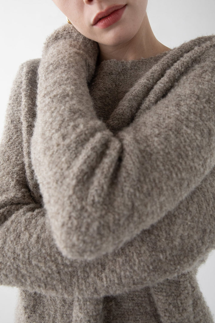 BOUCLE KNIT CREWNECK SWEATER in Taupe — alternate angle