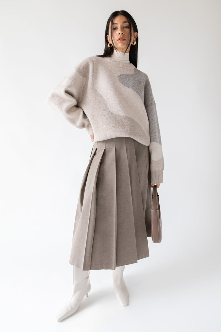 OVERSIZED INTARSIA KNIT CREWNECK SWEATER in Beige Intarsia — alternate angle