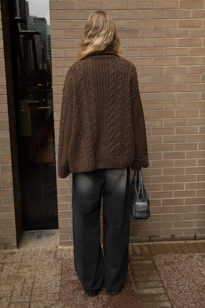 HIGH-NECKLINE CABLE KNIT ZIP-UP CARDIGAN in Chestnut — alternate angle