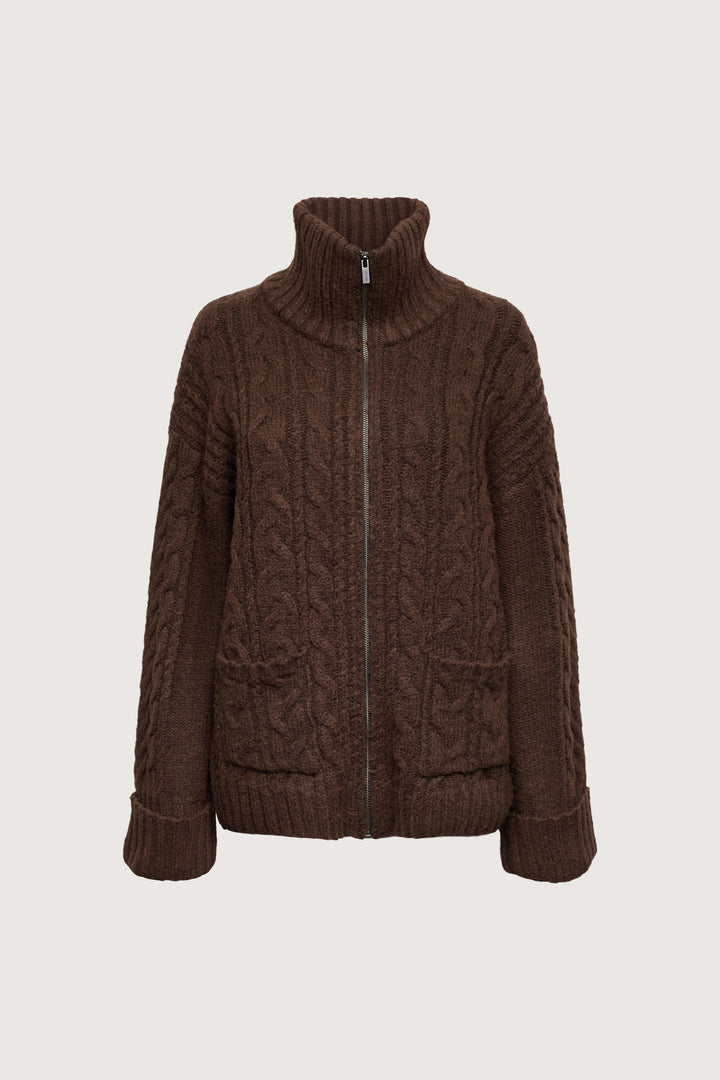 HIGH-NECKLINE CABLE KNIT ZIP-UP CARDIGAN in Chestnut — alternate angle