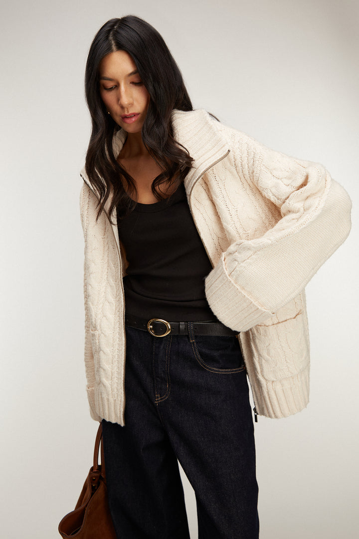 HIGH-NECKLINE CABLE KNIT ZIP-UP CARDIGAN in Oatmeal — alternate angle