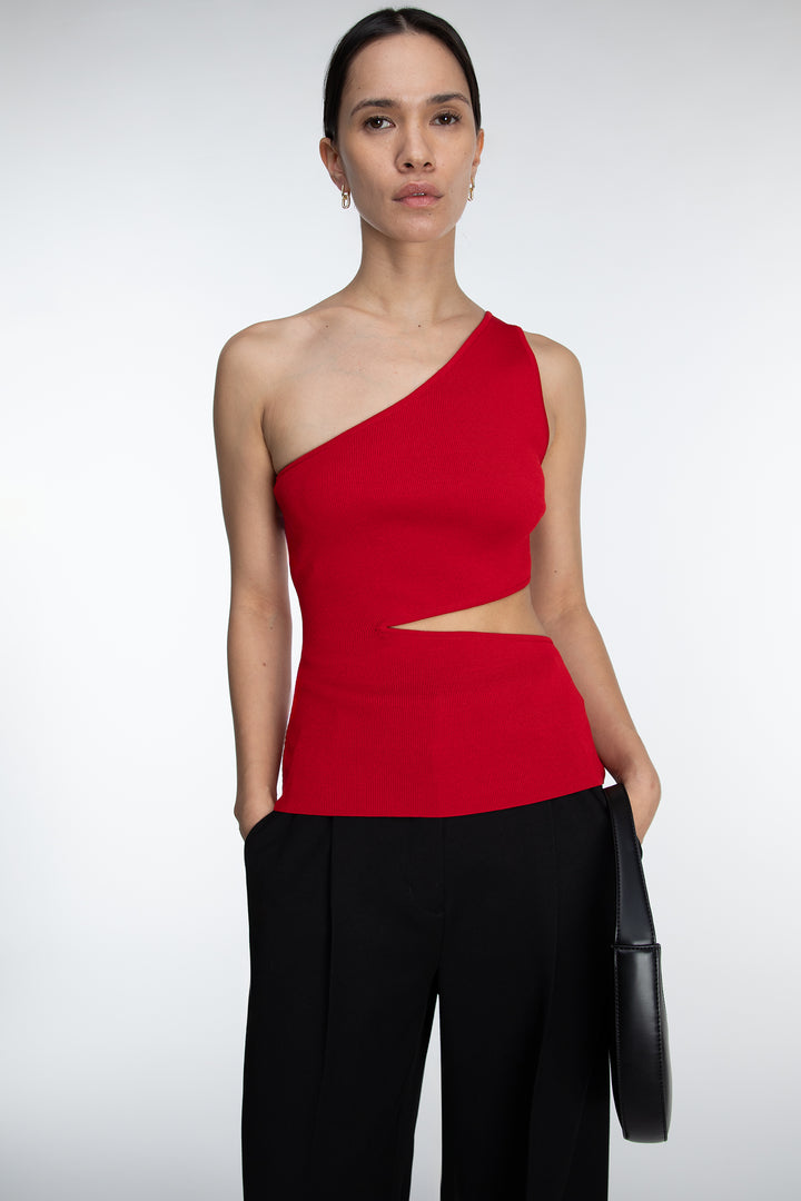 ONE SHOULDER KNIT TANK WITH CUTOUT in Cherry — alternate angle