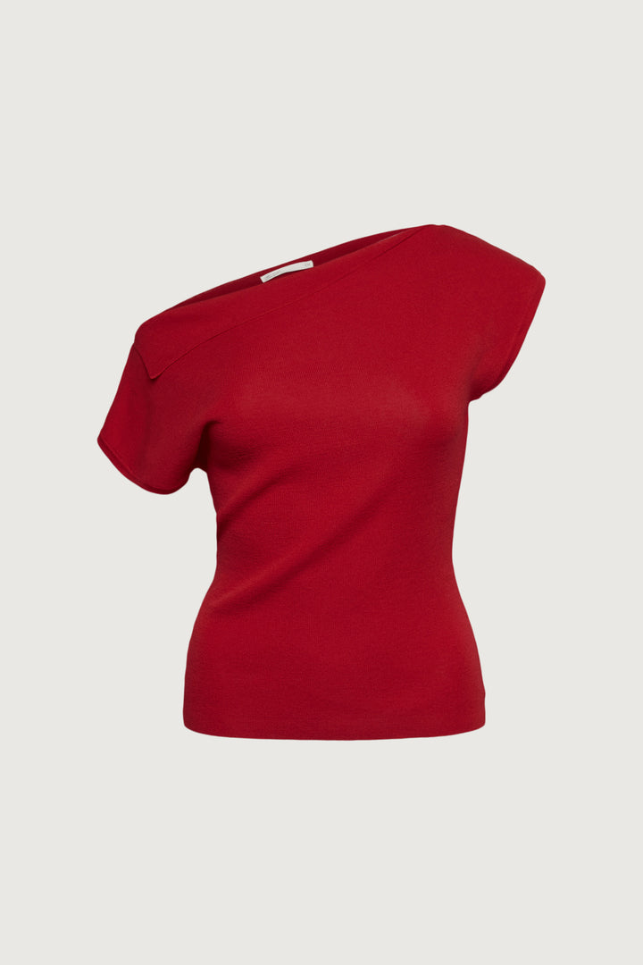 ASYMMETRICAL OFF THE SHOULDER CAP SLEEVE SWEATER in Cherry — alternate angle