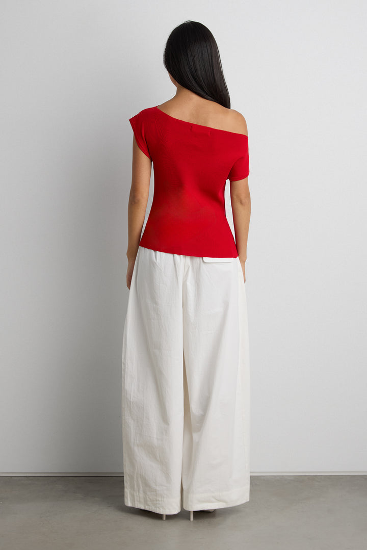 ASYMMETRICAL OFF THE SHOULDER CAP SLEEVE SWEATER in Cherry — alternate angle