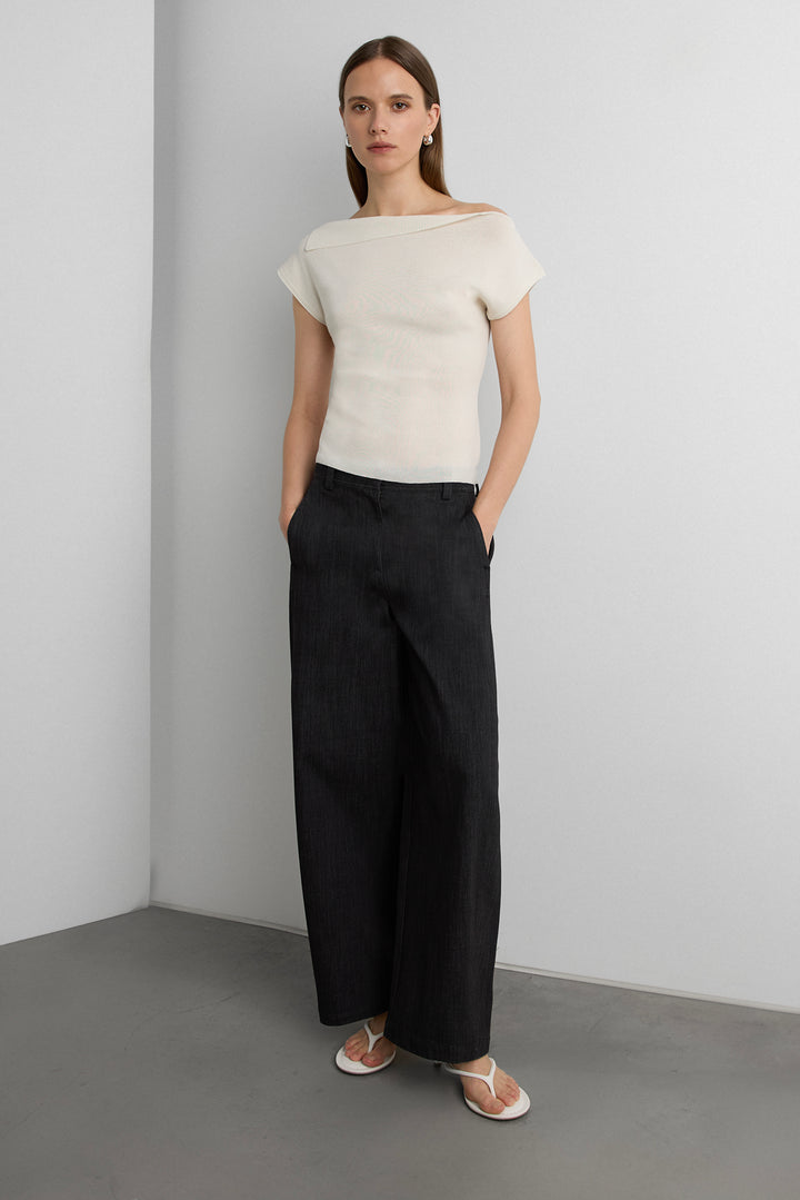 ASYMMETRICAL OFF THE SHOULDER CAP SLEEVE SWEATER in Cream — alternate angle