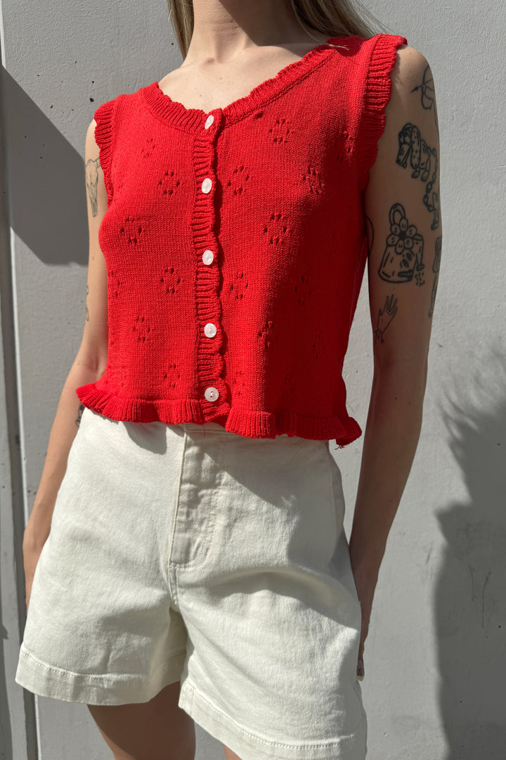 CROPPED SCALLOPED KNIT TANK in Red — alternate angle
