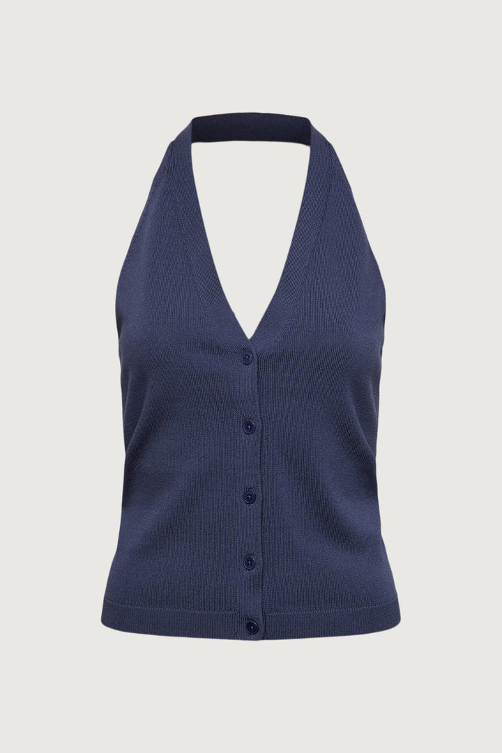 KNIT HALTER BUTTON FRONT TANK in Crown Purple — alternate angle