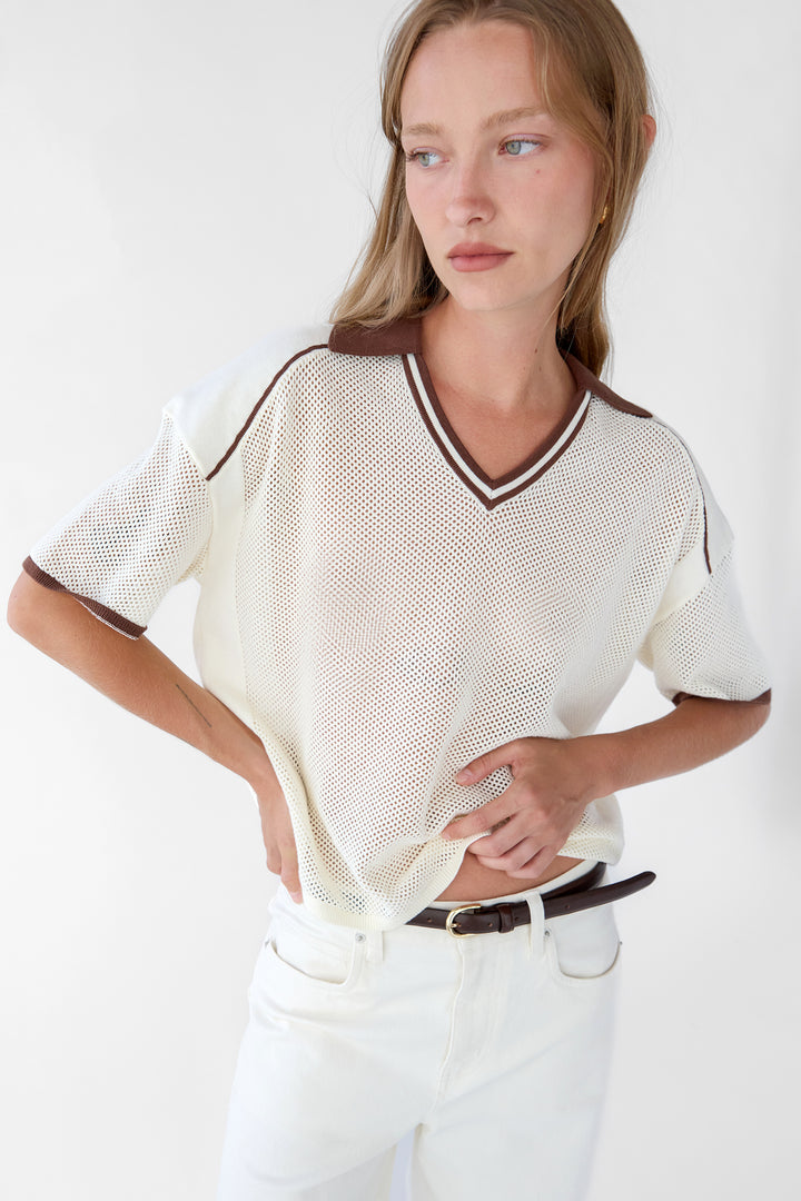 V-NECK MESH CROCHET POLO in Cream Pinecone — alternate angle
