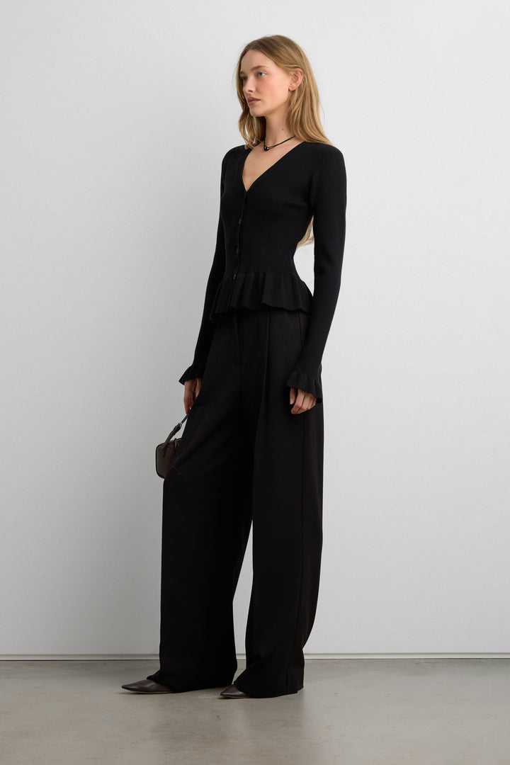 RIB-KNIT RUFFLED BUTTON FRONT CARDIGAN in Black — alternate angle