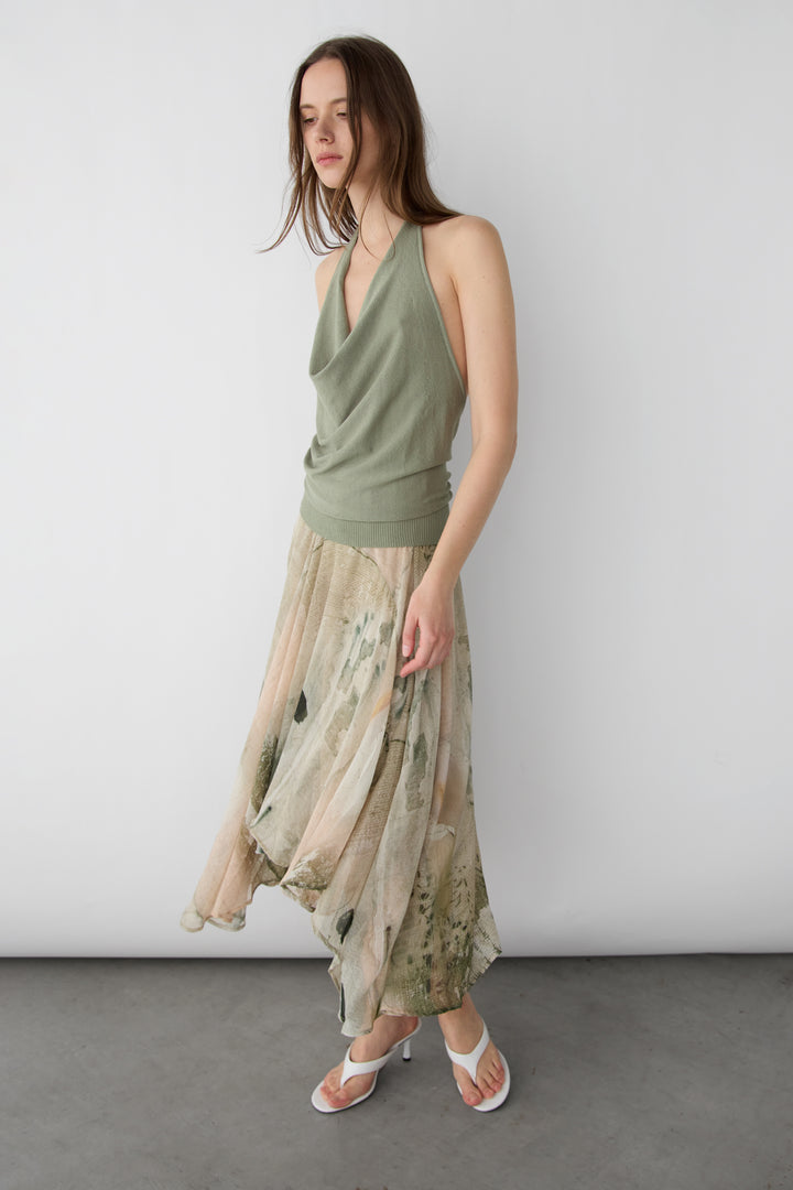 KNIT COWL NECK HALTER TOP in LICHEN GREEN — alternate angle