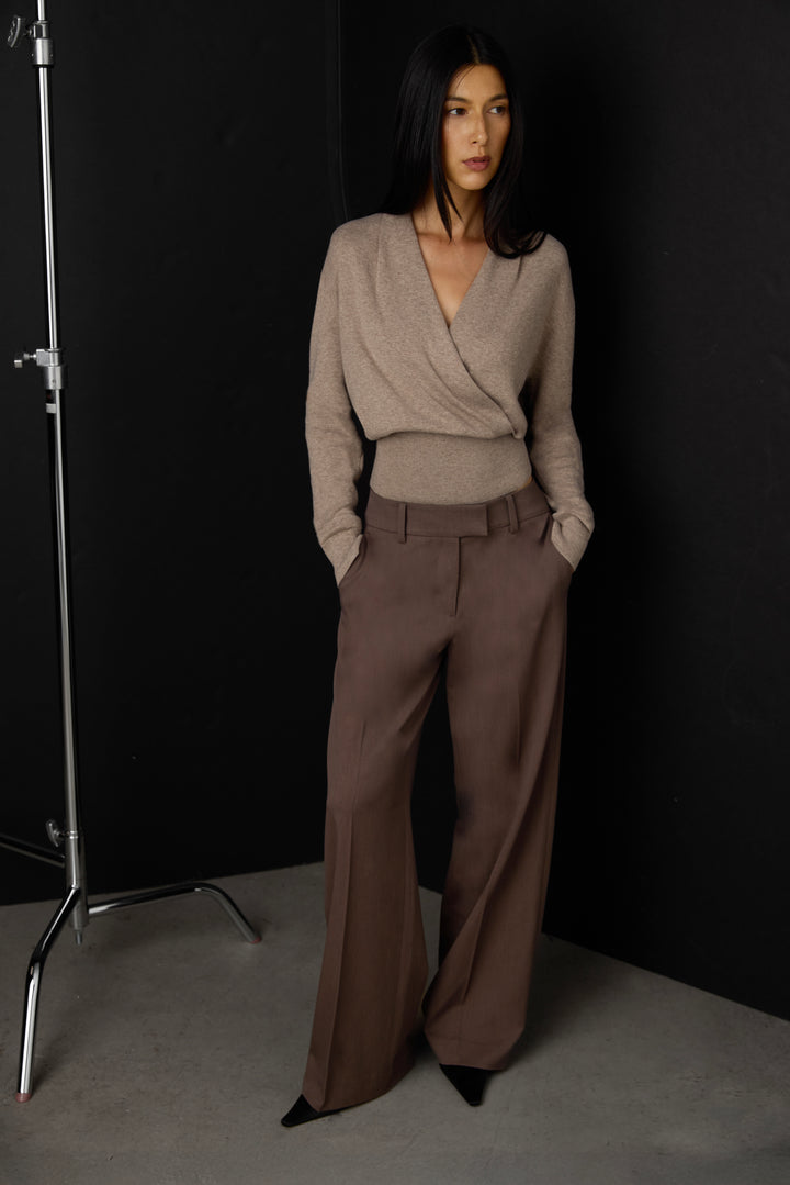 DRAPED WRAP KNIT SWEATER in Dark Oatmeal — alternate angle