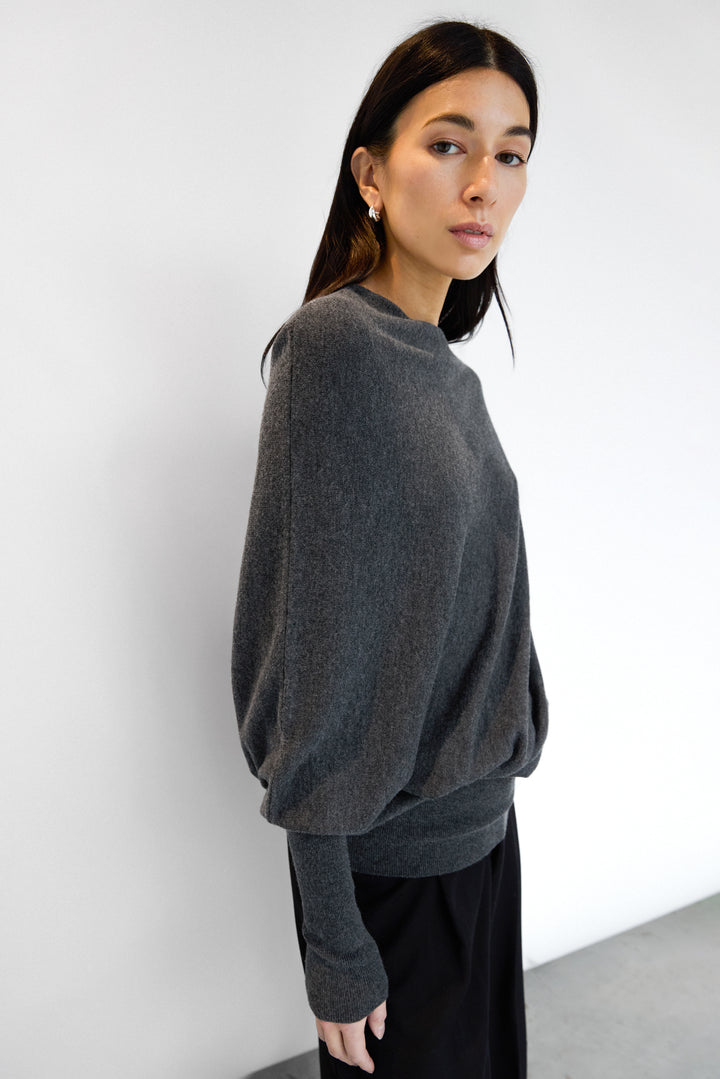 ASYMMETRICAL SWEATER WITH CUFFED SLEEVE in Charcoal — alternate angle