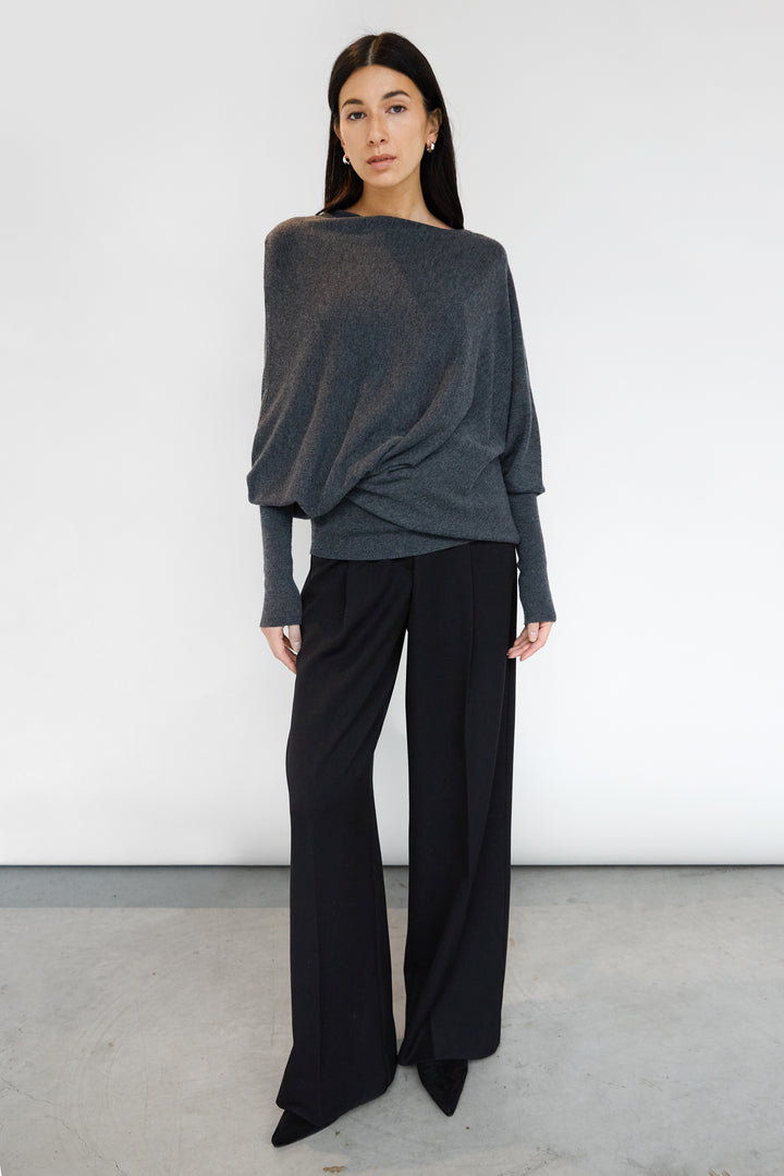 ASYMMETRICAL SWEATER WITH CUFFED SLEEVE in Charcoal — alternate angle