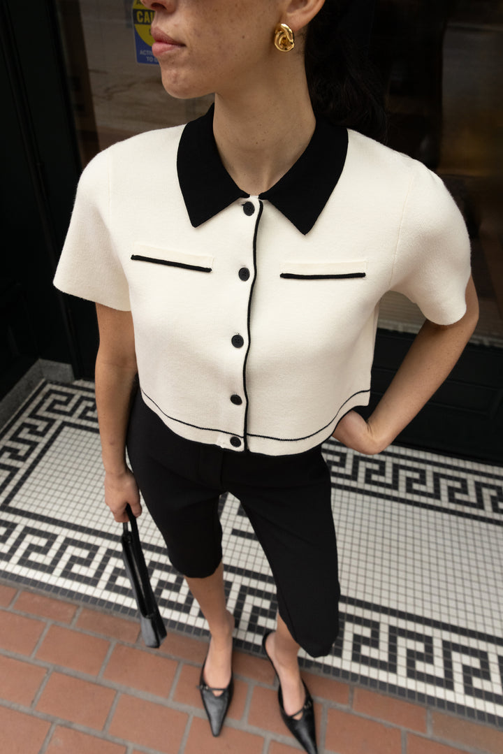 CROPPED KNIT CONTRAST TRIM TOP in Cream Black — alternate angle