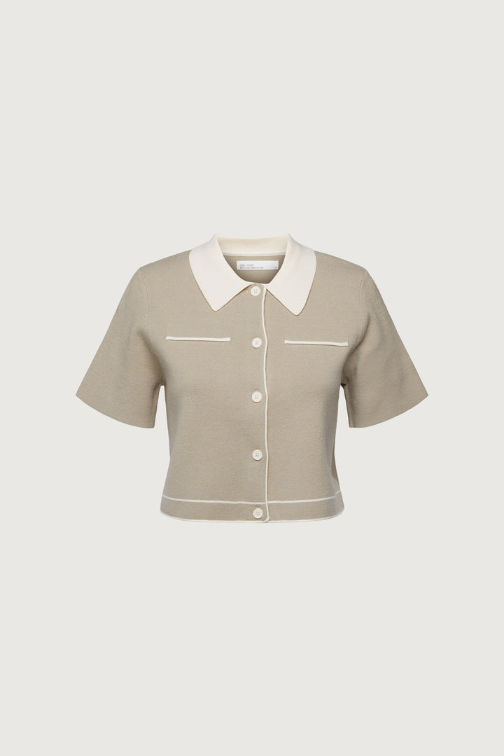 CROPPED KNIT CONTRAST TRIM TOP in SPRAY GREEN CREAM — alternate angle