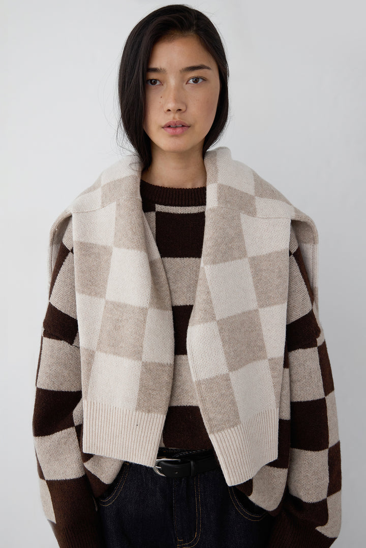 CHECKERED CREWNECK SWEATER in Bitter Chocolate Check — alternate angle