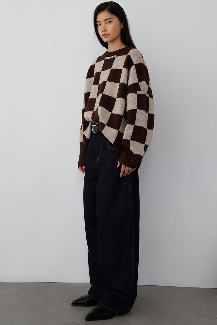 CHECKERED CREWNECK SWEATER in Bitter Chocolate Check — alternate angle