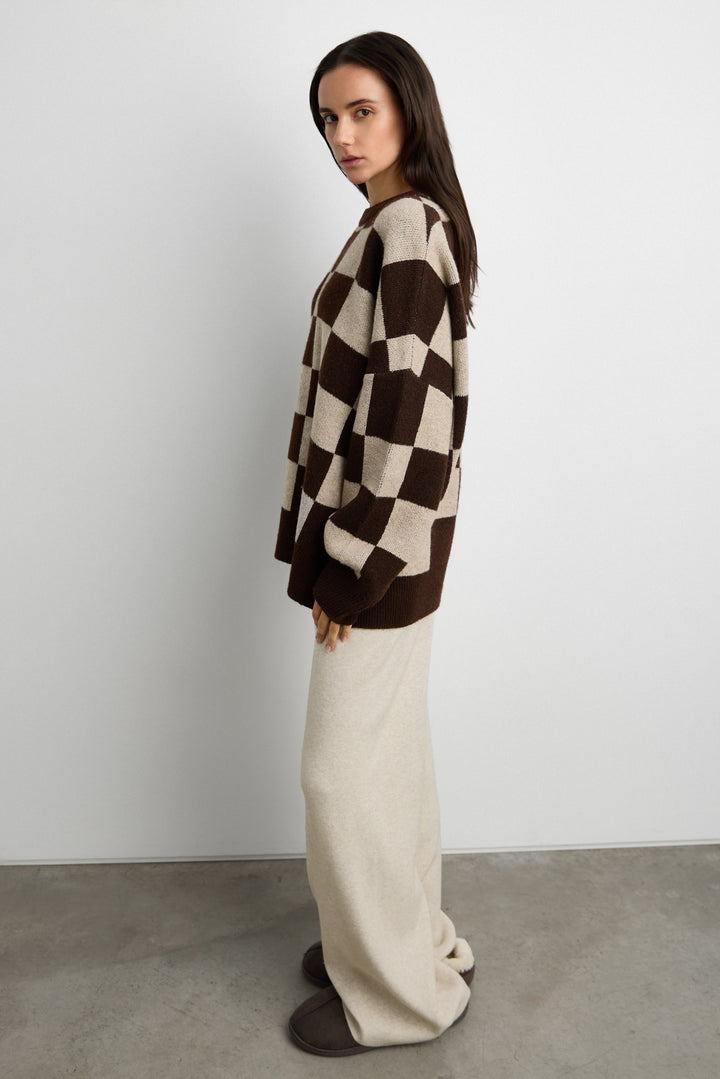 CHECKERED CREWNECK SWEATER in Bitter Chocolate Check — alternate angle