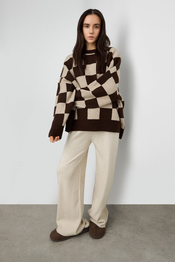 CHECKERED CREWNECK SWEATER in Bitter Chocolate Check — alternate angle