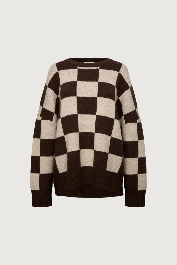 CHECKERED CREWNECK SWEATER in Bitter Chocolate Check — alternate angle