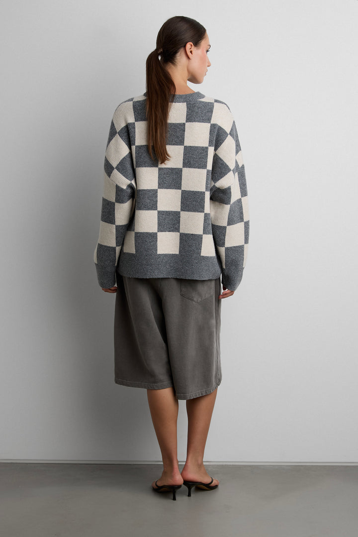 CHECKERED CREWNECK SWEATER in CHARCOAL OATMEAL CHECK — alternate angle