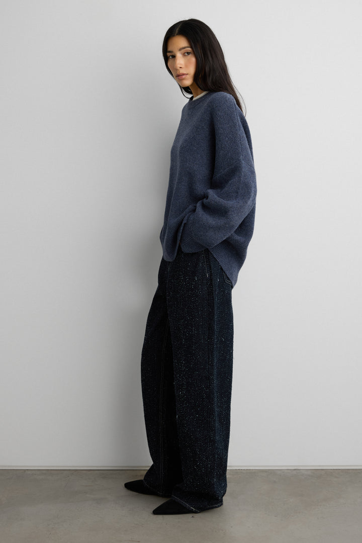 CHECKERED CREWNECK SWEATER in EVENING BLUE SOLID — alternate angle