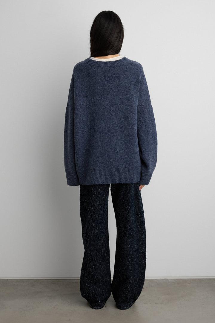 CHECKERED CREWNECK SWEATER in EVENING BLUE SOLID — alternate angle