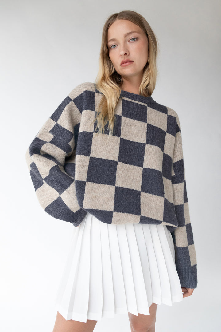 CHECKERED CREWNECK SWEATER in Evening Blue Check — alternate angle