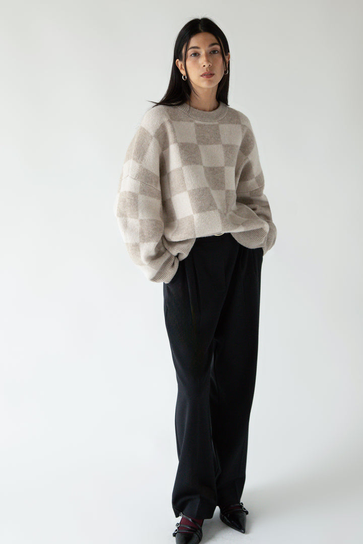 CHECKERED CREWNECK SWEATER in Heather Oatmeal Check — alternate angle
