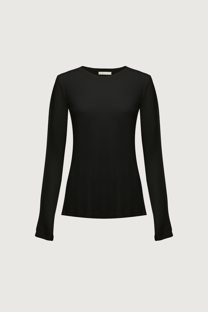 SHEER CREWNECK LONG SLEEVE TOP in Black — alternate angle
