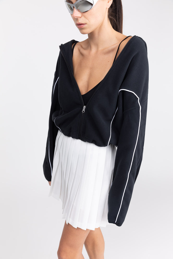 FLEECE ZIP-UP HOODIE WITH CONTRAST PIPING in Black — alternate angle