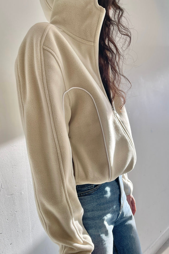 FLEECE ZIP-UP HOODIE WITH CONTRAST PIPING in Fog — alternate angle
