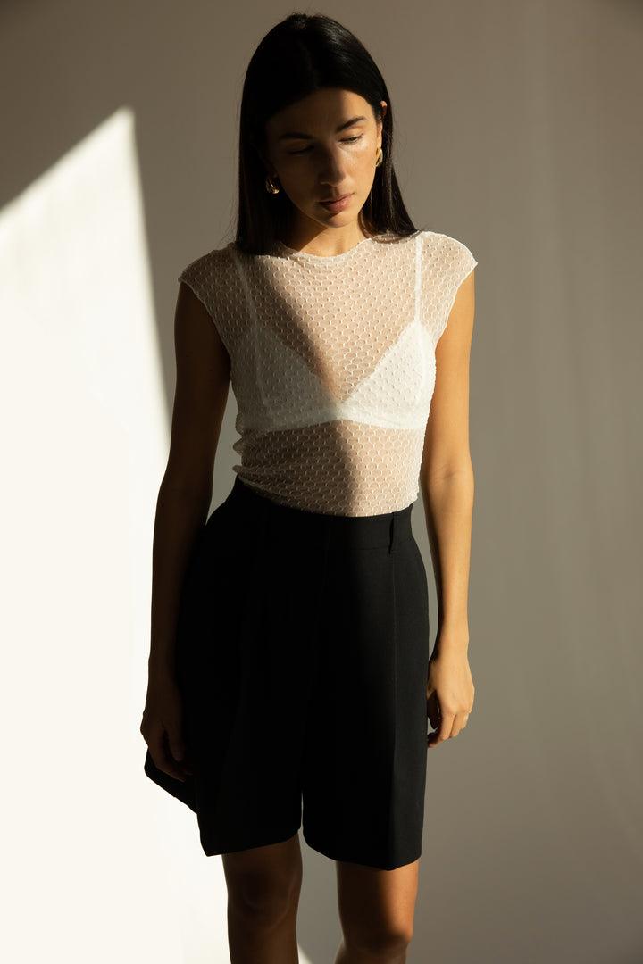 SLEEVELESS DOTTED MESH TOP in Cream — alternate angle
