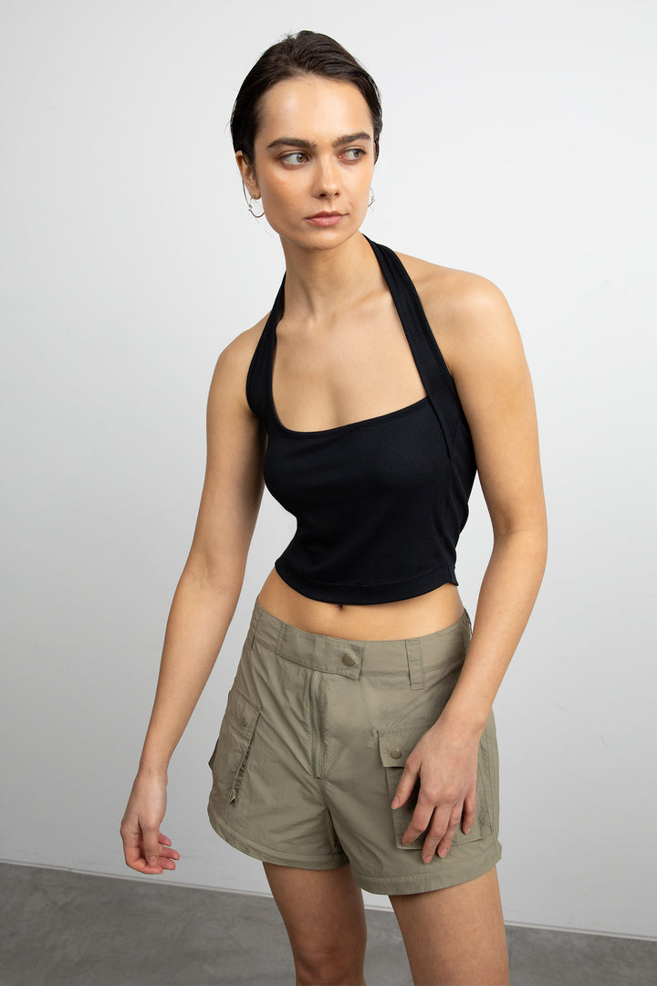 RIBBED HALTER TANK in Black — alternate angle