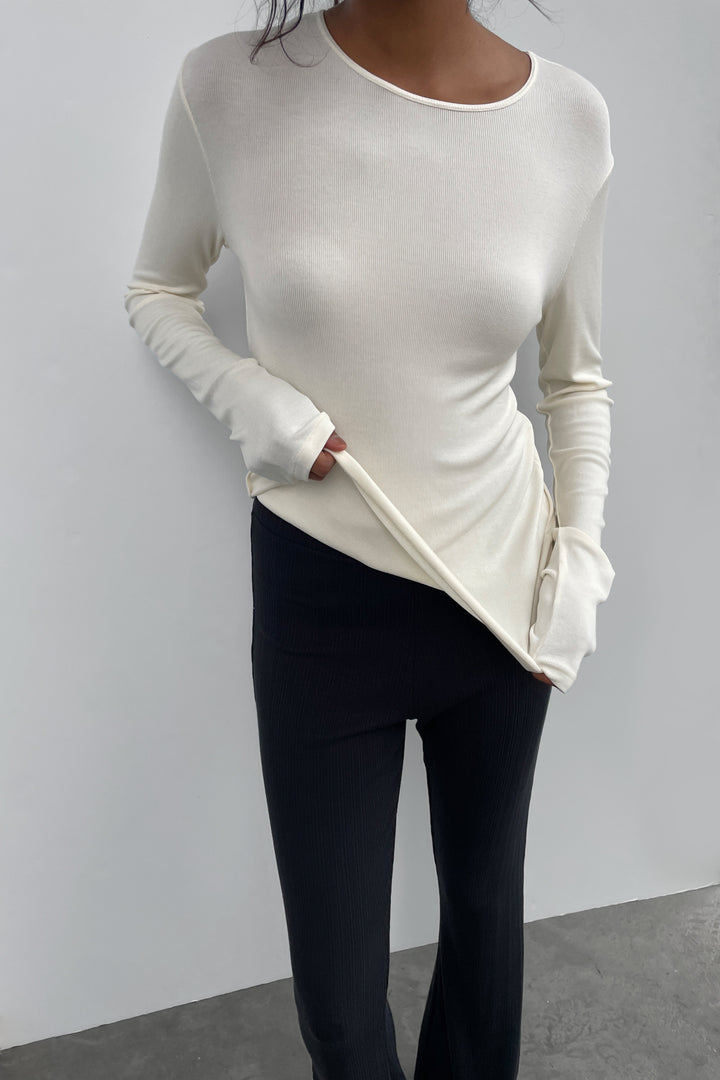 RIBBED CREWNECK LONG SLEEVE in Cream — alternate angle