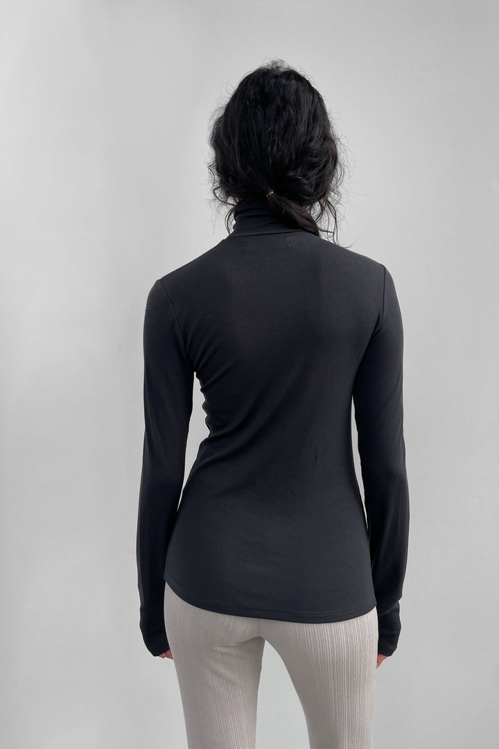 RIBBED TURTLENECK LONG SLEEVE in Black — alternate angle