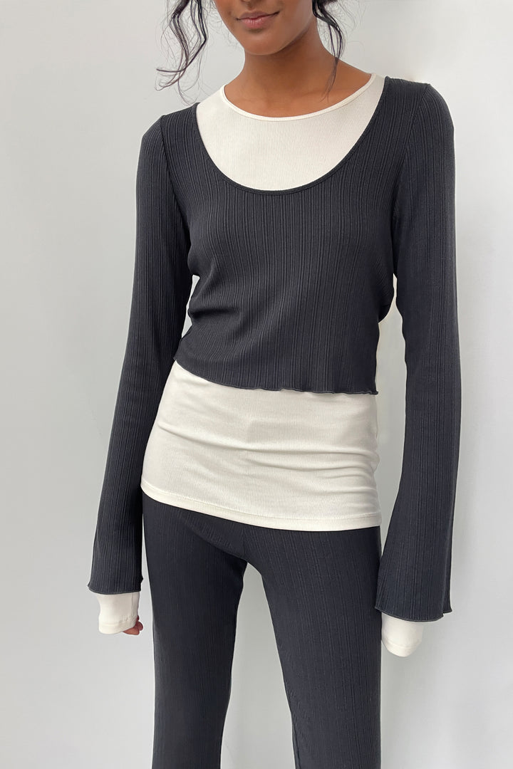 RIBBED ROUND NECK CROP LONG SLEEVE in Black — alternate angle