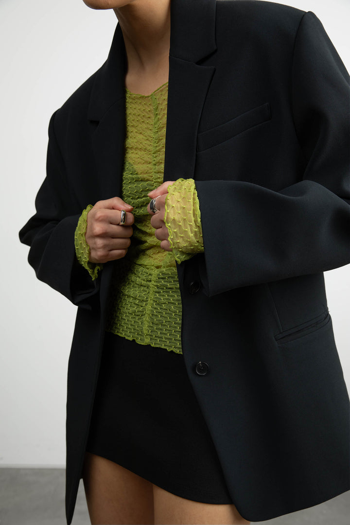 SHEER MESH RUCHED LONG SLEEVE TOP in PICKLED PEPPER — alternate angle