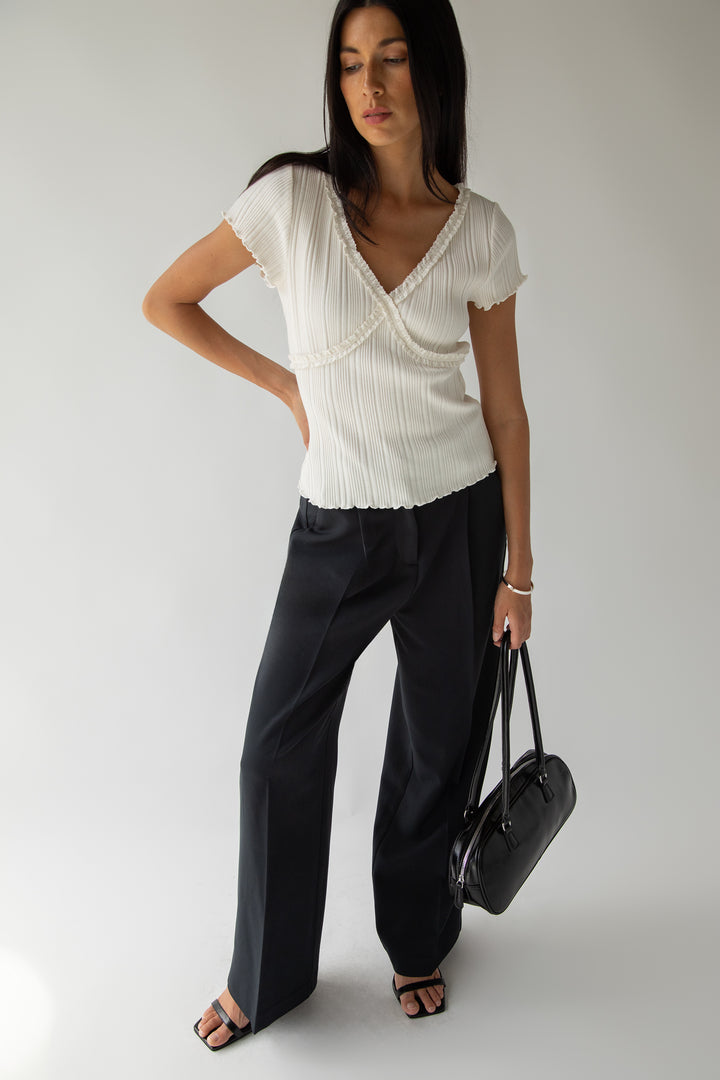 SHORT SLEEVE TOP WITH LACE V-NECKLINE in Cream — alternate angle