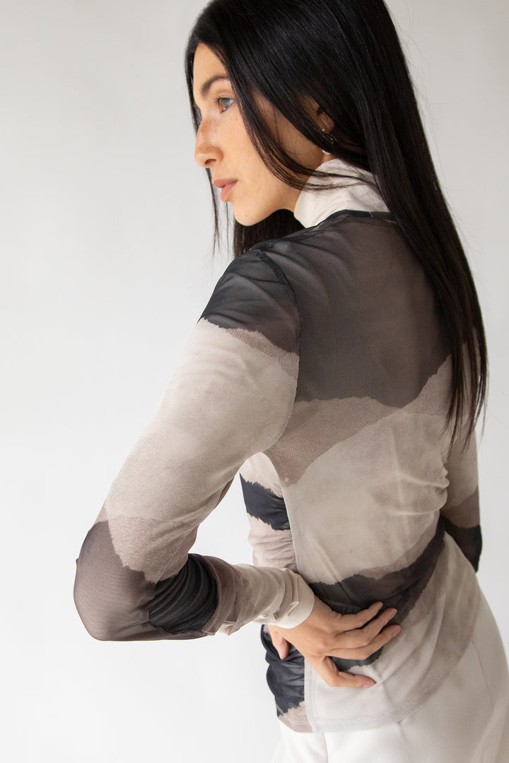 MESH LONG SLEEVE TOP in Beige Print — alternate angle