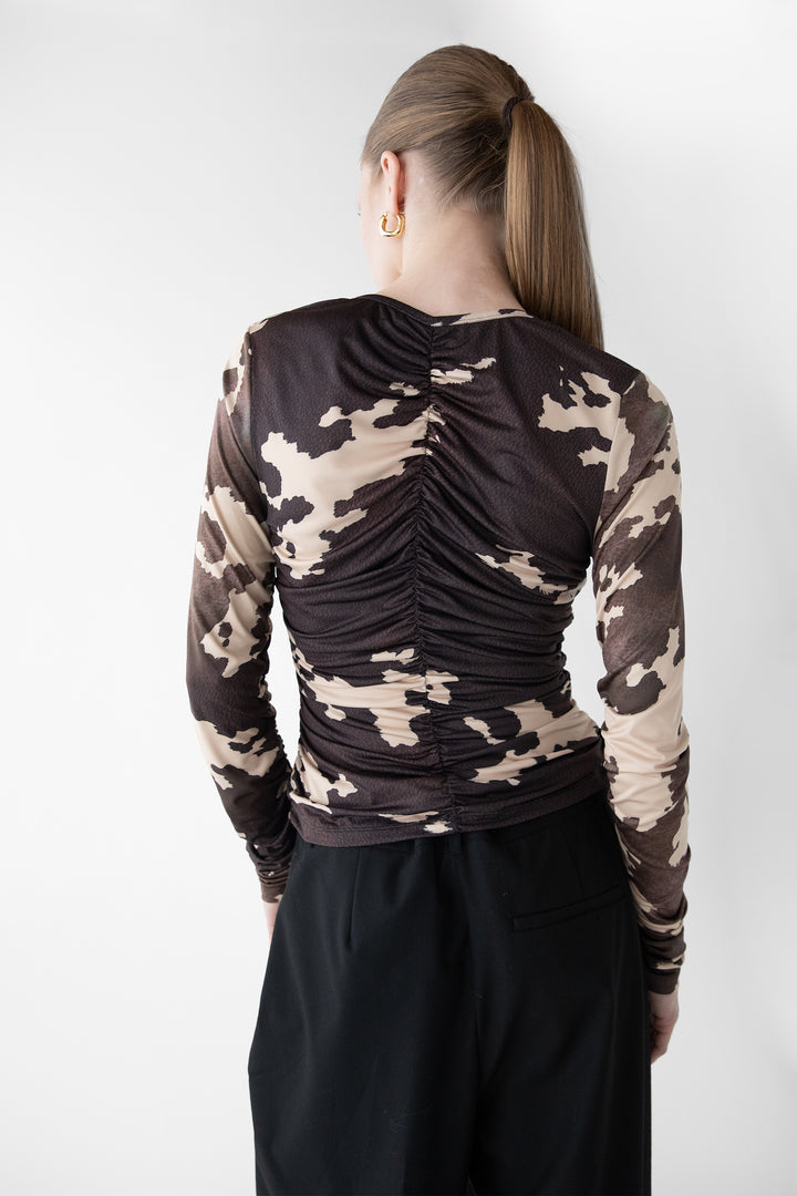 BUTTON FRONT V-NECK LONG SLEEVE TOP in Cow Print — alternate angle