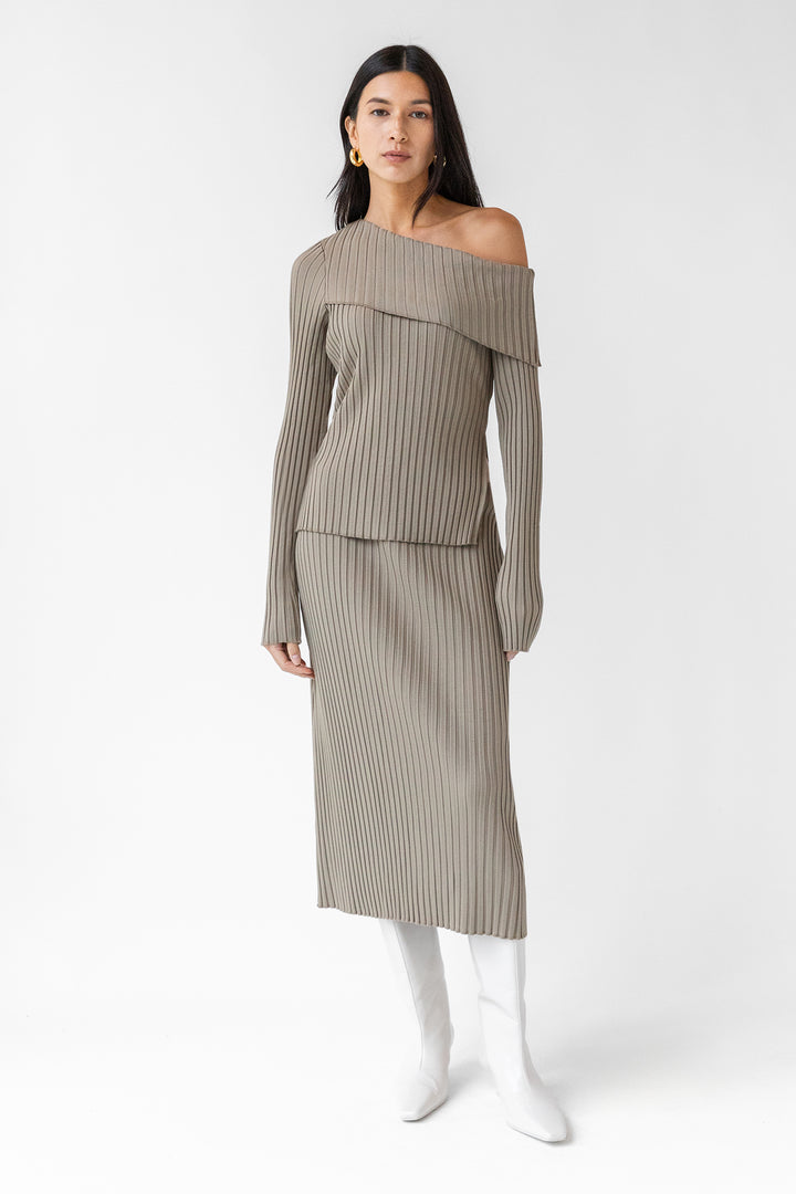 OFF THE SHOULDER LONG SLEEVE TOP in Taupe — alternate angle